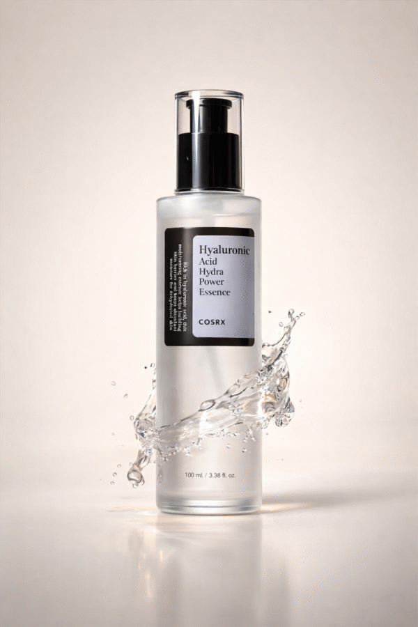 COSRX Hyaluronic Acid Hydra Power Essence 100ml in clear pump bottle with water splash background