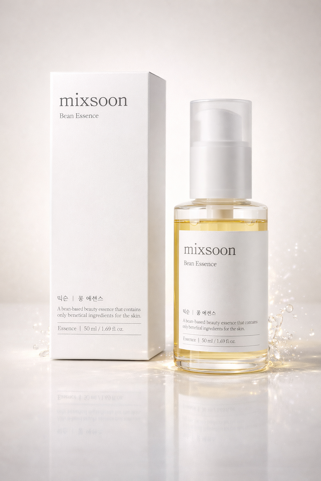 Mixsoon Bean Essence 50ml Korean skincare serum bottle with minimal white packaging on clean background