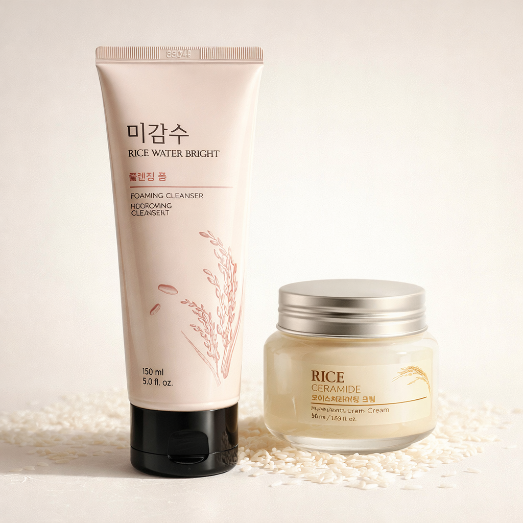 Rice Water Bright Foaming Cleanser and Rice Ceramide Cream skincare products displayed on soft beige background with rice grains, Korean glass skin routine essentials.