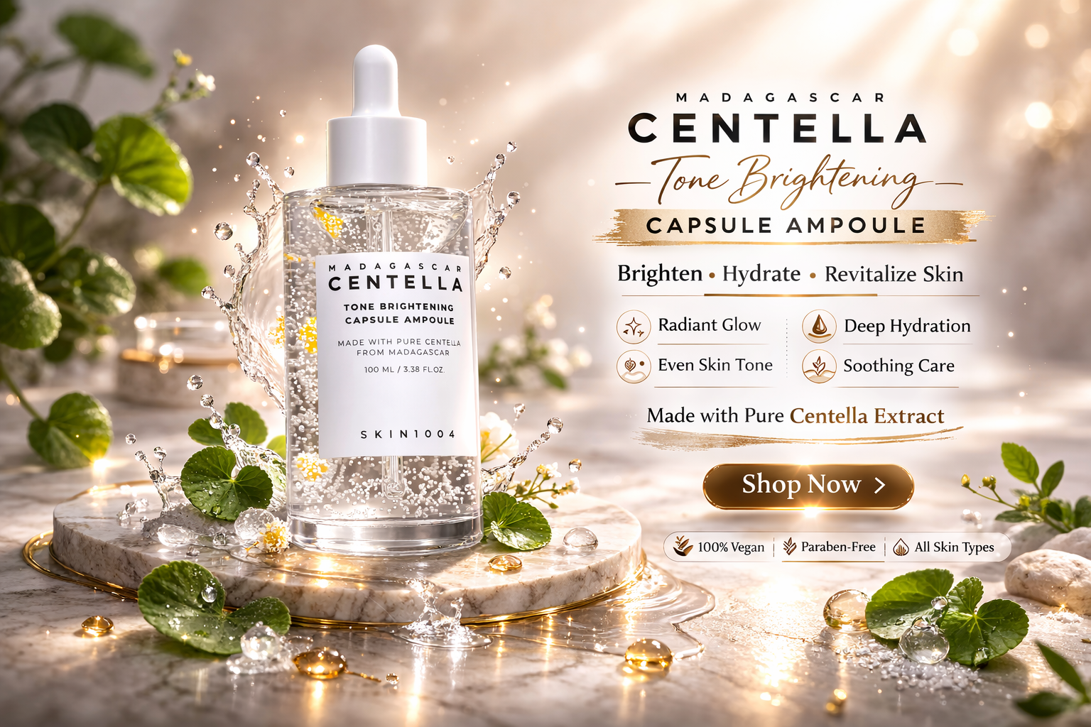 SKIN1004 Madagascar Centella Tone Brightening Capsule Ampoule luxury skincare hero banner with centella extract and glowing hydration effect