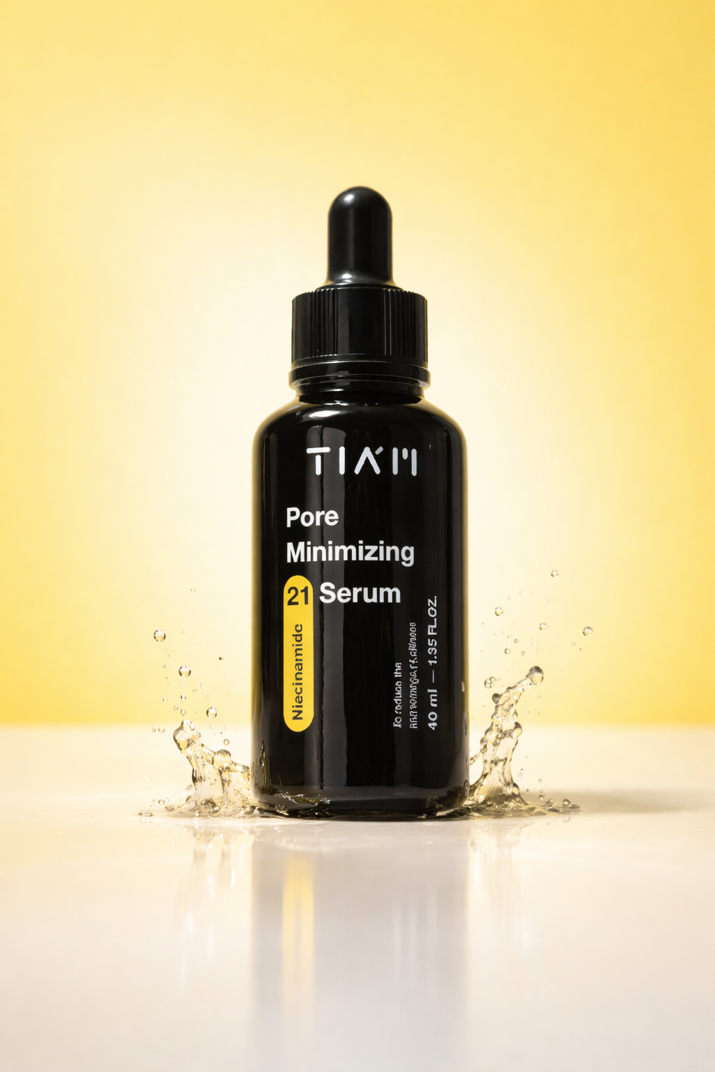 TIA’M Pore Minimizing 21 Niacinamide Serum 40ml in black dropper bottle for pore tightening and oil control