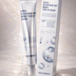 SUR.MEDIC Super Glutathione 100 Bright Tone Up Cream tube with box packaging on glossy water splash background