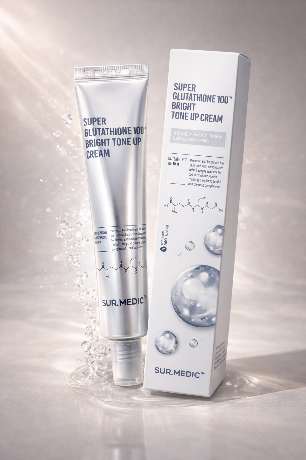 SUR.MEDIC Super Glutathione 100 Bright Tone Up Cream tube with box packaging on glossy water splash background