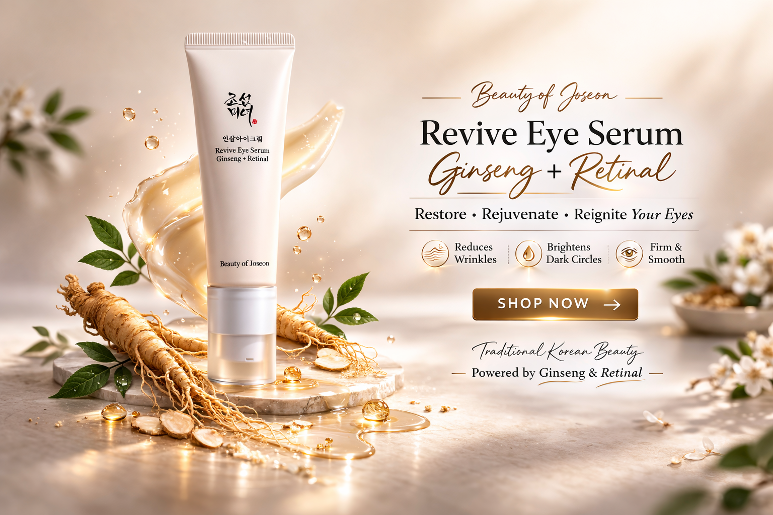 Beauty of Joseon Revive Eye Serum with Ginseng and Retinal in luxury beige background hero banner for skincare website