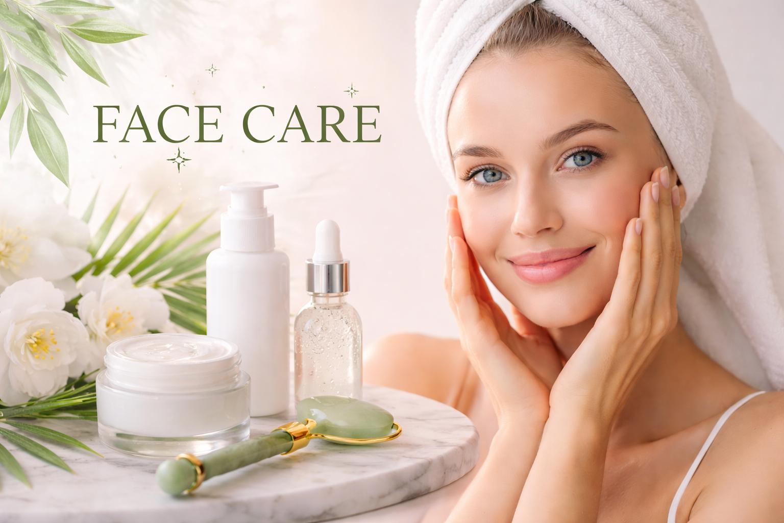 Close-up of a woman with glowing skin surrounded by skincare products representing natural face care routine