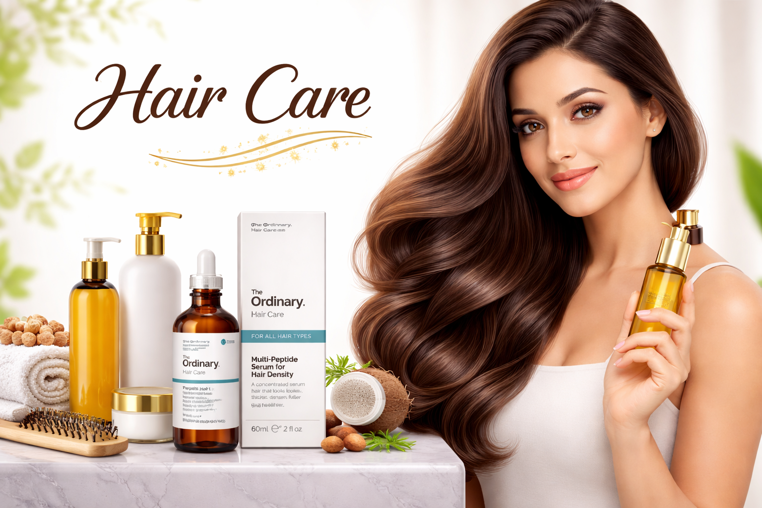 Beautiful woman with long shiny hair holding hair oil bottle with premium hair care products on marble table