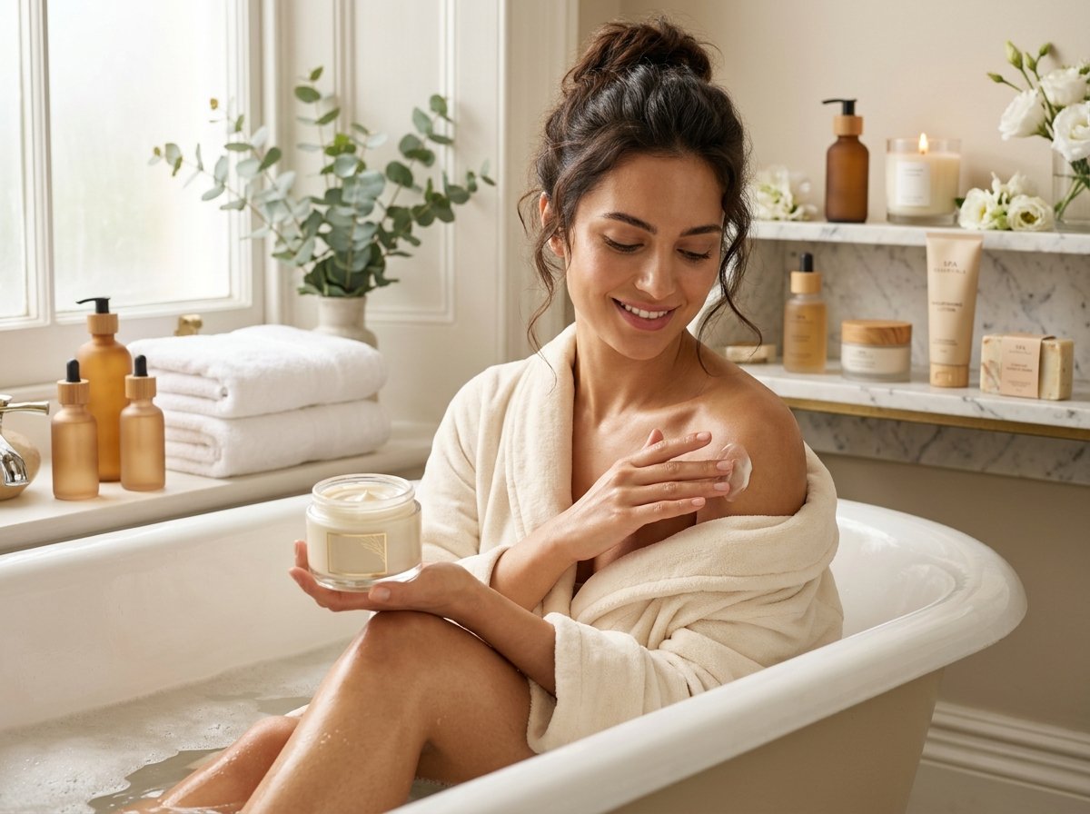 Beautiful woman applying body lotion with premium body care products on a clean marble background