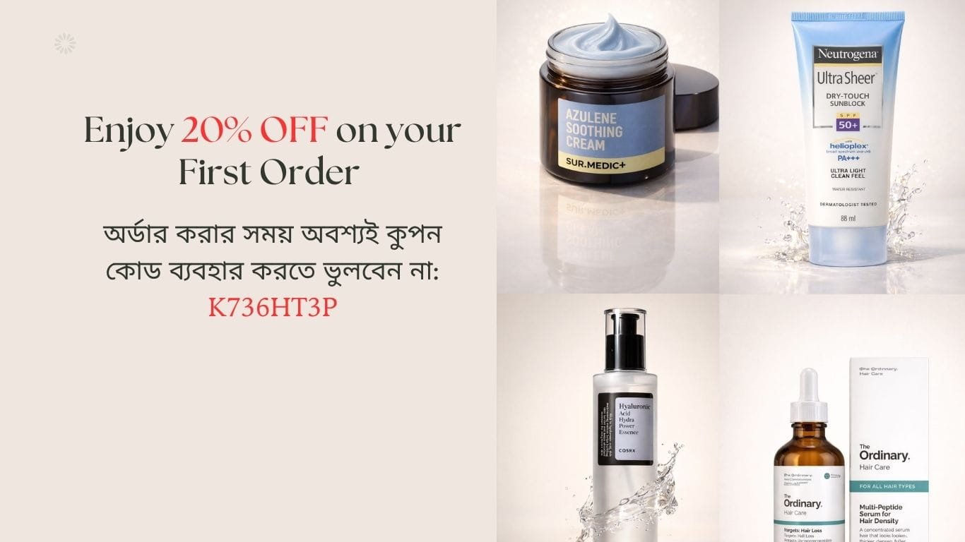 Home Velura Skincare hero banner showing 20% discount on first order with coupon code K736HT3P