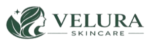 Velura Skincare official logo with a beauty girl silhouette, moon, lotus, and slogan Glow Naturally for Korean cosmetics shop.